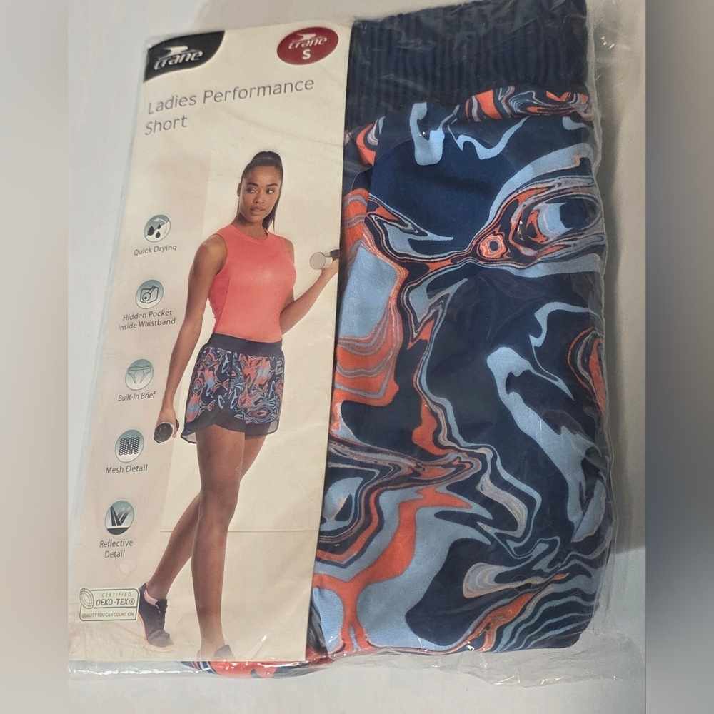 Women's Crane Performance Shorts Size S Coral & Blue Swirls Design